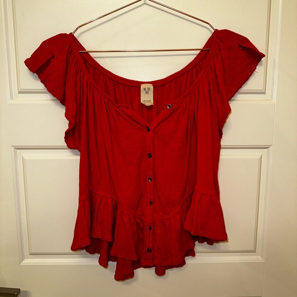Free People Red Flutter Sleeve Peplum Blouse